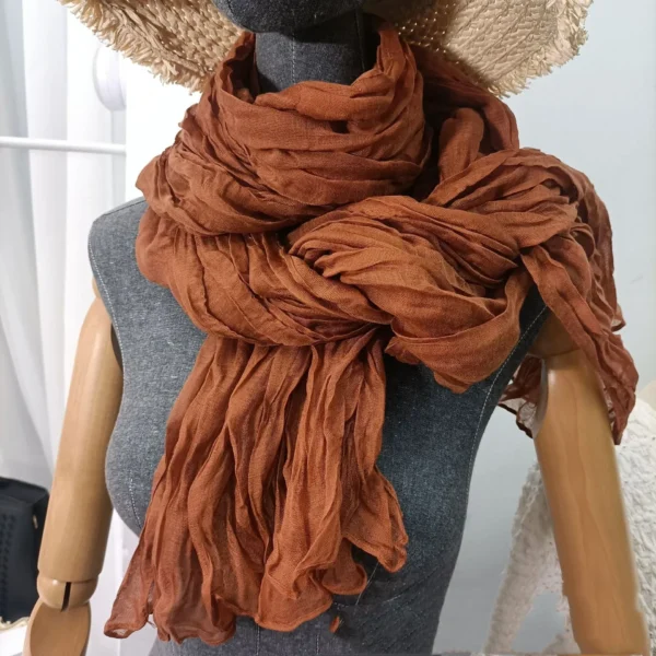 Retro Solid Color Pleated Cotton Linen Scarf Unisex Warm Long Shawl - Image 5