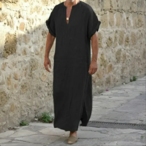 Men's Summer Linen Robe Muslim Style V-Neck Short Sleeve