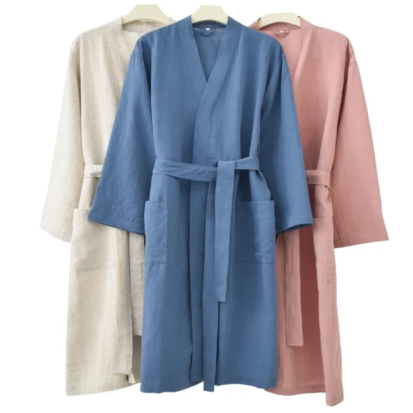Unisex Linen Tencel Kimono Bathrobe Loose Nightwear Spa Robe - Image 6